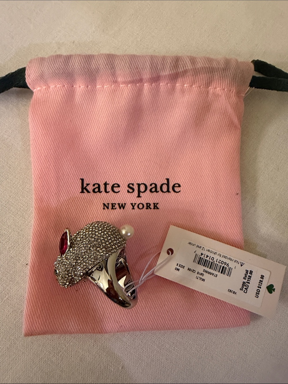 kate spade Silver Crystal Bunny Ring with Pink Accent
